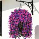 Artificial Flowers Baskets for Outdoor Decoration, Fake Hanging Plants Silk Dark Purple Fuchsia Daisy Mums Trailing Vines in Planter Realistic UV Resistant for Balcony Porch Decor