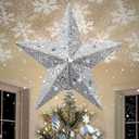 IPOW LED Snowflake Projector Star Christmas Tree Topper, 11.3 Inch Silver Glittered Star Treetop Lighted Rotating Snow Flake for Christmas New Year Holiday Decoration, Night Light Projector for Kids