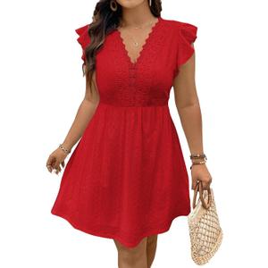 Eytino Plus Size Dresses for Women Summer Ruffle Cap Sleeve Lace V Neck Embroidery Eyelet A Line Dress 1X