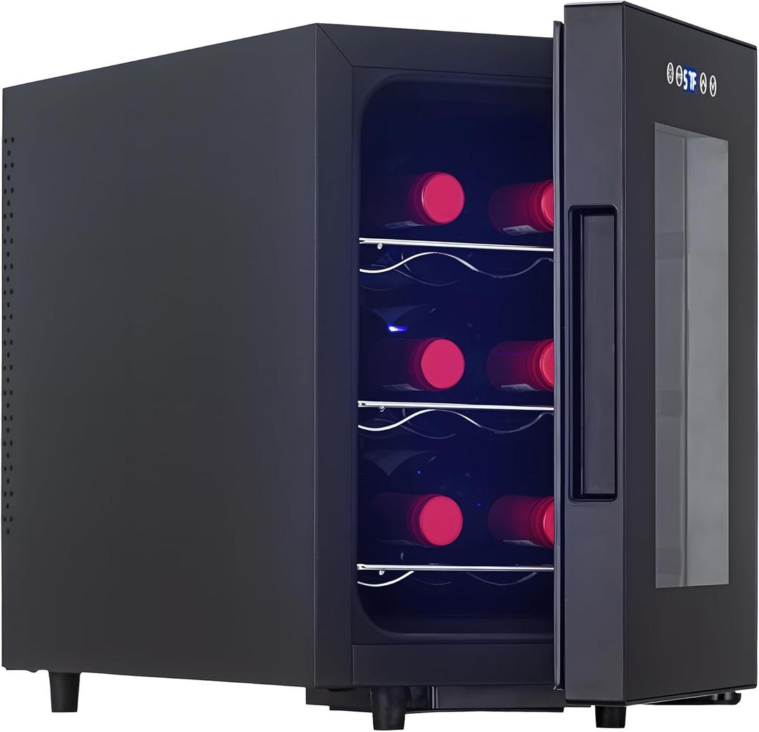 Iceblu Fridge, Digital Temperature Control White & Red 6 Bottle Cooler with Rack, Champagne Cooler Refrigerator for Bar, Home,Kitchen,Gift (Black)