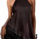 Verdusa Women's Y2k Tops Satin Rave Club Lace Halter Top Tie Backless Cami Asymmetrical Going Out Outfits (Brown, XS)