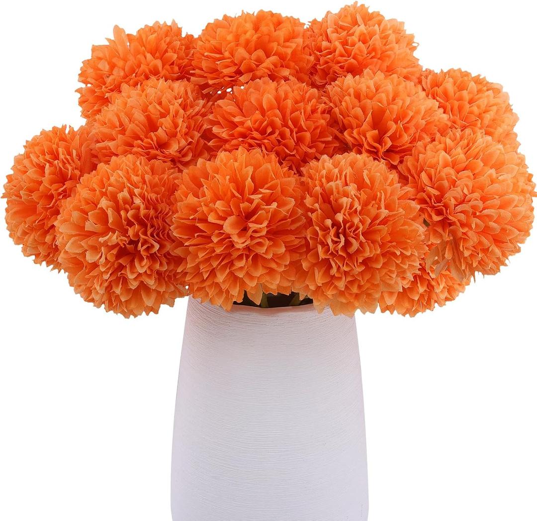 Rowfad 12 Pcs Artificial Chrysanthemums Fall Flowers Silk Orange Marigolds Flowers Fake Mums Flower for Autumn Dia de Los Muertos Diwali Day of The Dead Home Decor (12, Orange)