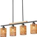 Farmhouse Linear Ratten Chandelier, Black Finish Wood Pendant Light Fixtures Over Table, Adjustable Height Kitchen Island Light Dining Room 4-Light