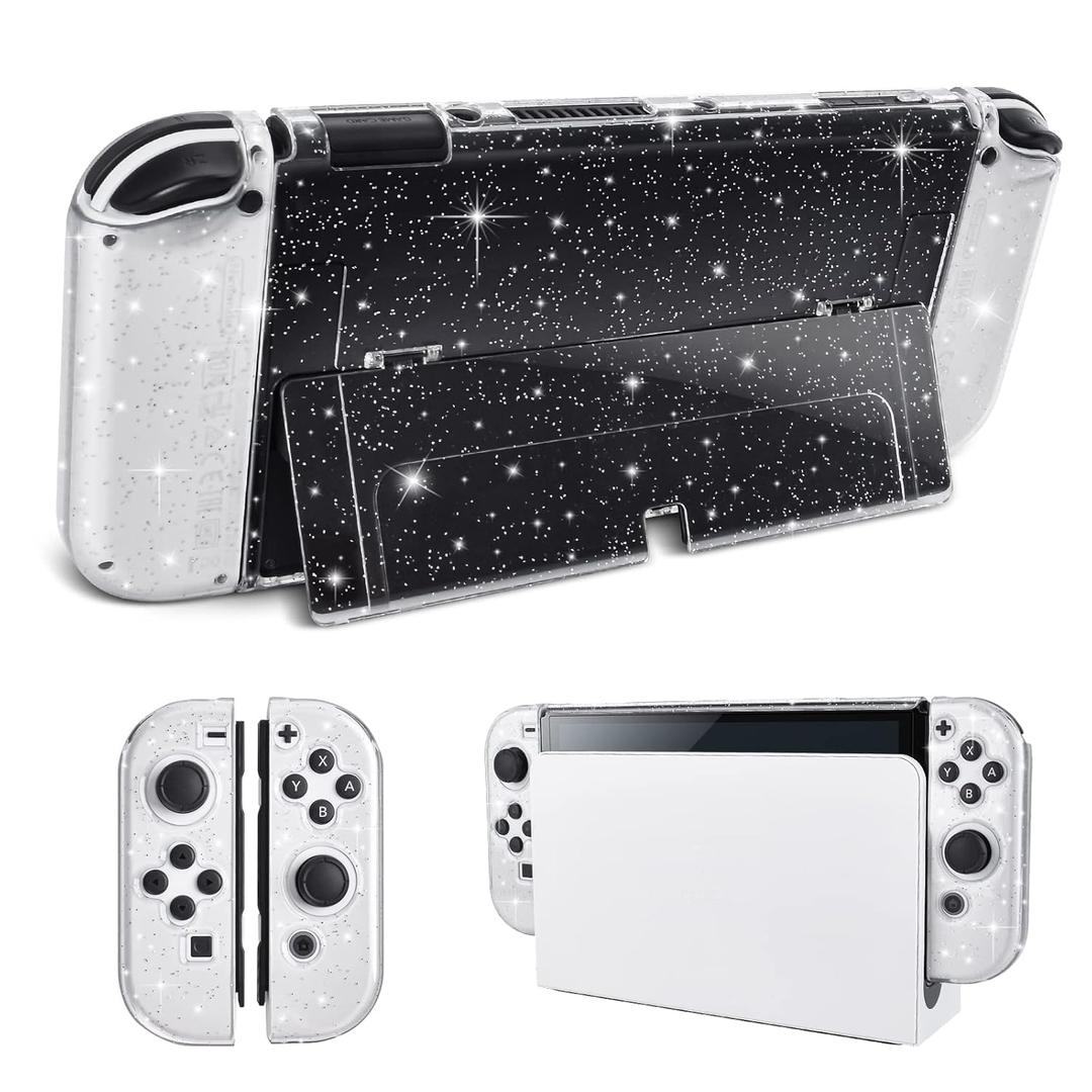 DLseego Protective Glitter Case Compatible with Switch OLED Console - Updated Version, Bling Soft TPU Cover with Shock-Absorption and Anti-Scratch Design - Crystal