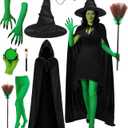 8 PCS Witch Costume Women Adult,Witch Hat Hooded Cape Green Accessories Set, Halloween Costume Accessories Women