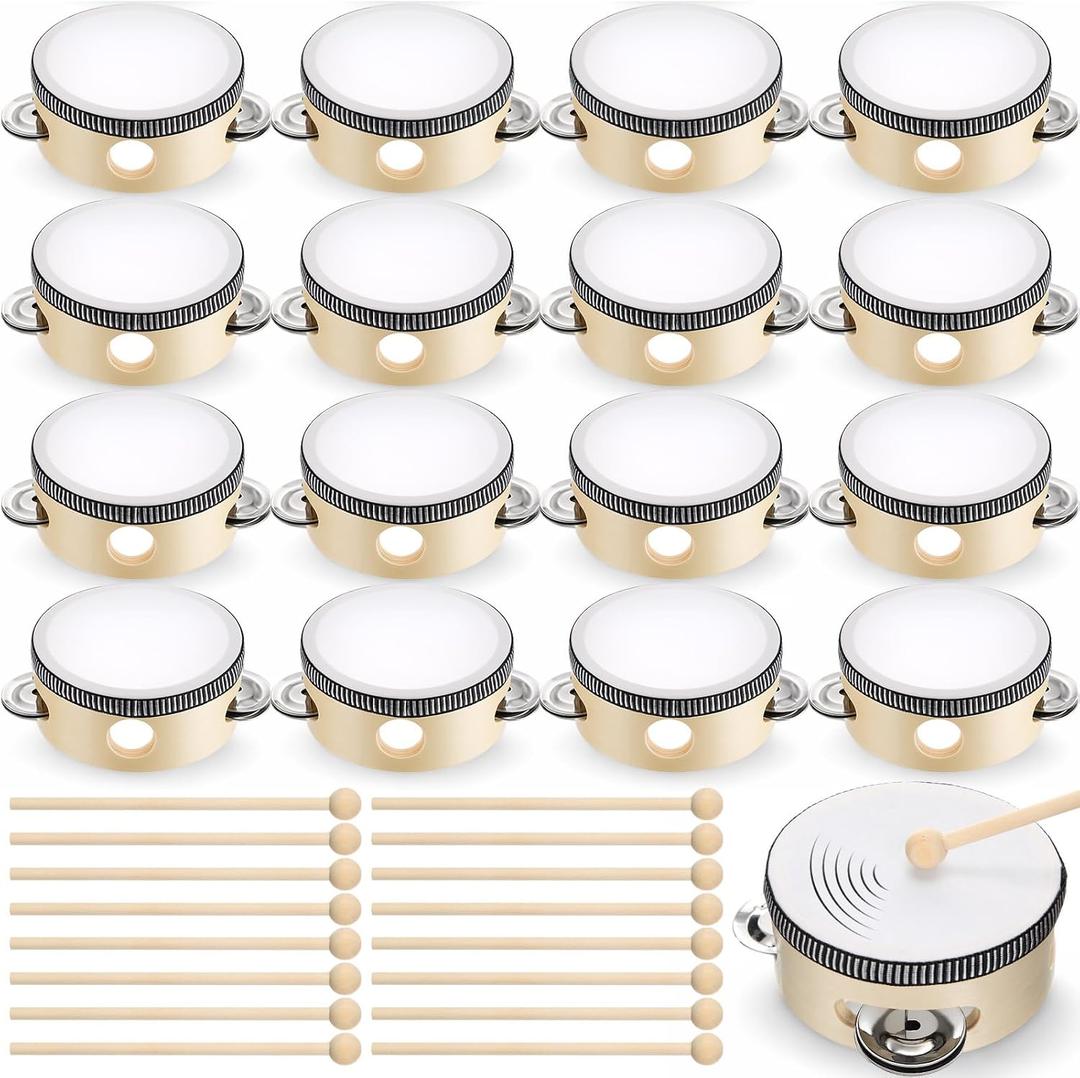 32 Pcs 4 Inch Tambourine with Drumsticks Wooden Hand Held Drum with Metal Jingles Percussion Musical Instrument for Church Wedding Party Gift Musical Educational Drum Instrument Party