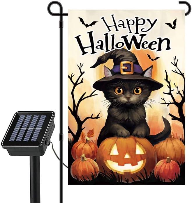 Solar LED Lights Happy Halloween Pumpkin Black Cat Garden Flag Double Side 12"x18" Flag16LED Warm White lights and 8modes Solar Panel for Garden, Patio, Yard, Lawn Halloween Decorations home Decor (cat)