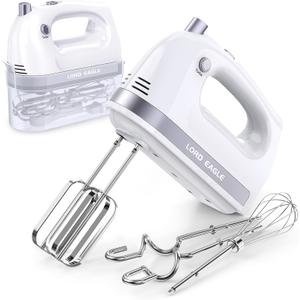 Lord Eagle Hand Mixer Electric Handheld 400W, 5-Speed Lightweight Kitchen Mixer with Storage Case, 5 Stainless Steel Attachments for Baking Cake Egg Cream Food Beater, Turbo+Eject Button (General, White)