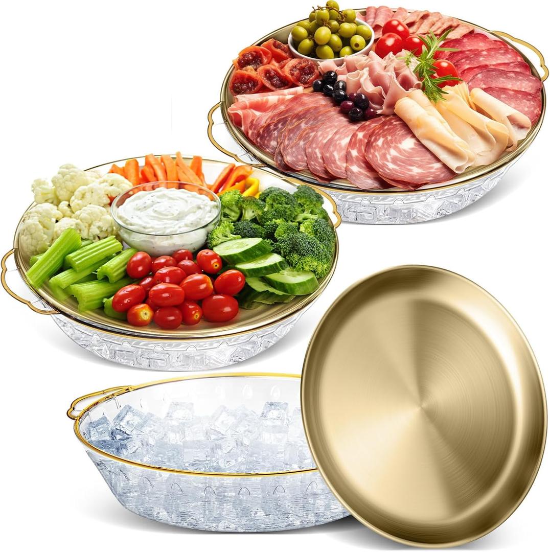 Baderke 3 Set 11.8" Chilled Serving Tray for Parties with Compartments Ice Chilled Party Platter Charcuterie Serving Board Cold Dish Dip for Fruit Seafood Vegetable Shrimp Cocktail (Gold)