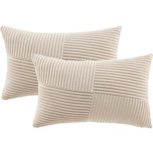 Fancy Homi Set of 2 Tan Boho Lumbar Rectangle Decorative Throw Pillow Covers 12x20 Inch with Diagonally Pattern for Couch Bed Sofa, Soft Corduroy Accent Modern Farmhouse Home Decorations 30x50 cm