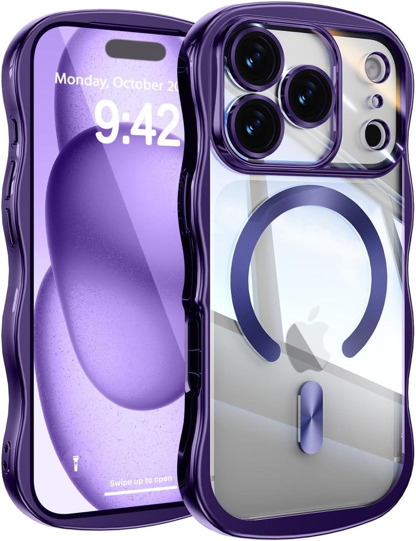 UEEBAI for iPhone 17 Pro Case, Cute Wave Frame Magnetic Phone Case Compatible with Magsafe Full Camera Protection Cover Soft Electroplated Phone Cover for Women Girls - Purple
