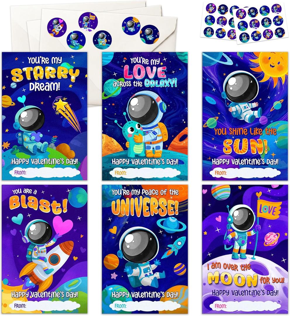 Space Valentines Day Cards - 36 Packs Space Astronaut Galaxy Planet Rocketship Exchange Cards for Kids, Boys, School, Class, Party Favors - 3.2''x 4.7'' 6 Designs with Envelopes, Stickers