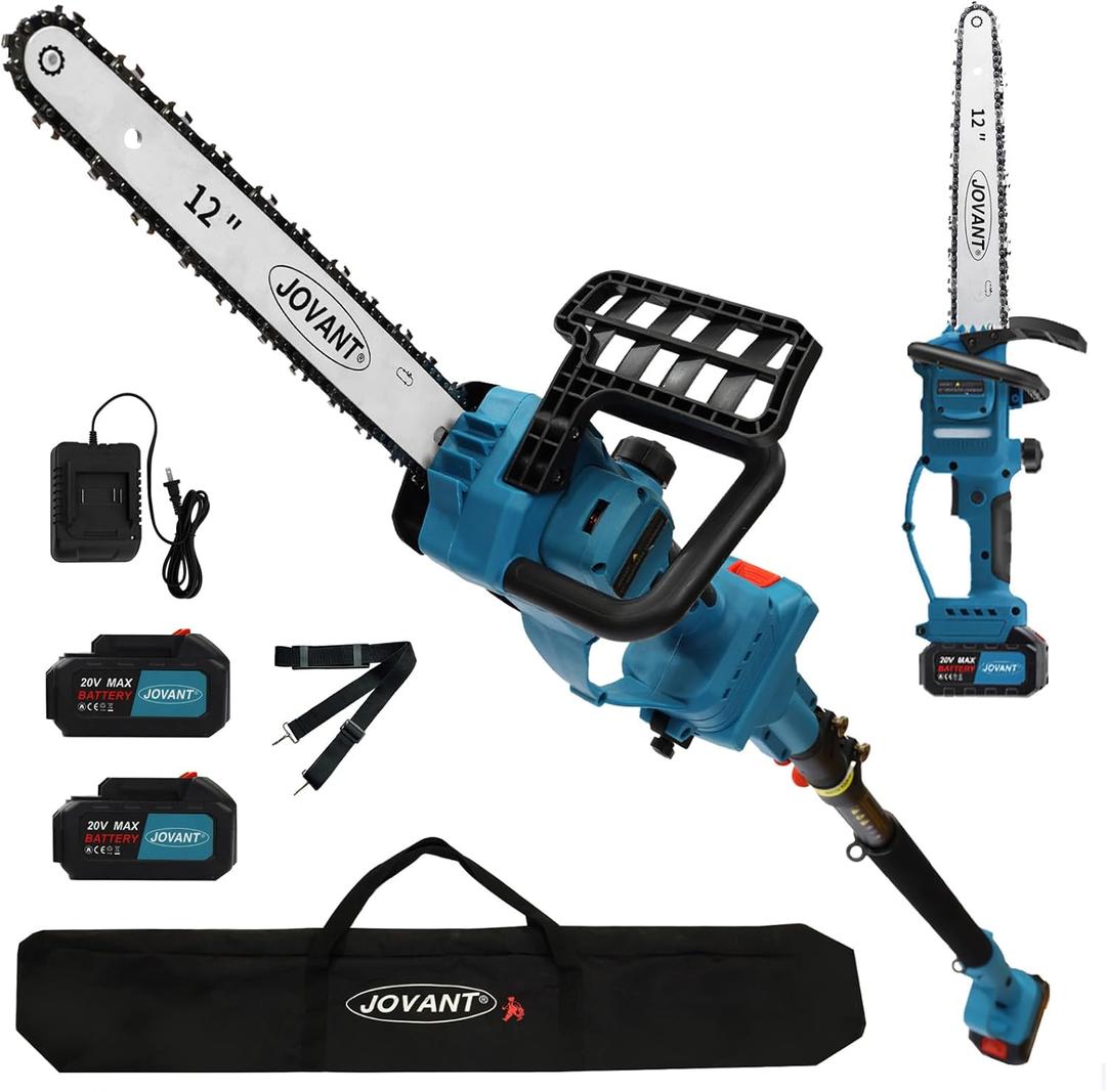12 Inch Electric Pole Saws for Tree Trimming, 2-in-1 Cordless Pole Saw with 2 x 4.0Ah Battery Powered Chainsaw Lightweight with Shoulder Strap for Thicker Wood Cutting Pruning