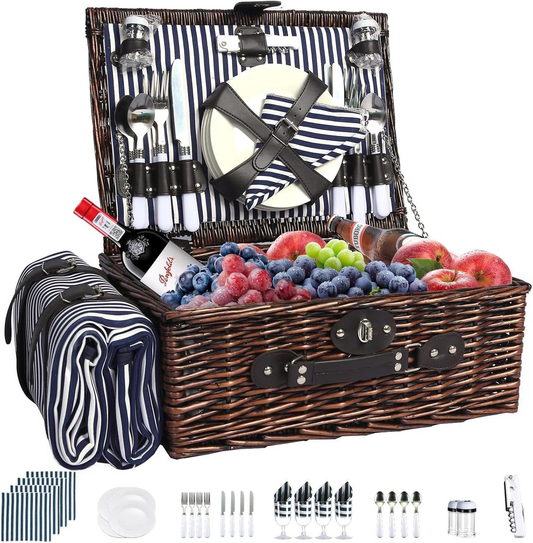 Picnic Basket Set for 4 with Waterproof Blanket Mat Insulation Bag Wicker Navy Blue Brown Stripe Vintage Retro Classic Gift for Wedding Birthday Summer Camp Outdoor Camping Travel Christmas Picnic Basket Set for 4 with Waterproof Blanket Mat Insulation Bag Wicker Navy Blue Brown Stripe Vintage Retro Classic Gift for Wedding Birthday Summer Camp Outdoor Camping Travel Christmas