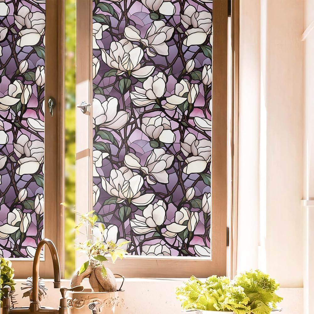 Purple White Magnolia Floral Tree Branch Stained Glass Window Films Decorative Double-Side Privacy Film Self-Adhesive Static Glass Window Clings for Living Room Bathroom Glass Windows Decor, 118"L x 15.7"W