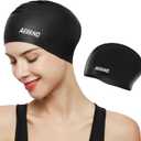 Aegend Swim Caps for Long Hair, Durable Silicone Swimming Caps for Women Men Adults Youths, Easy to Put On and Off, Waterproof Swim Hats Bathing Caps to Keep Hair Dry (1 Pack - Black)