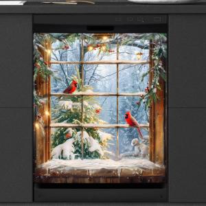Dishwasher Magnet Cover Christmas Cardinal Magnetic Sticker Refrigerator Decorative Cover Reusable Fridge Appliance Magnet Home Kitchen Holiday Decor 23x26 inch