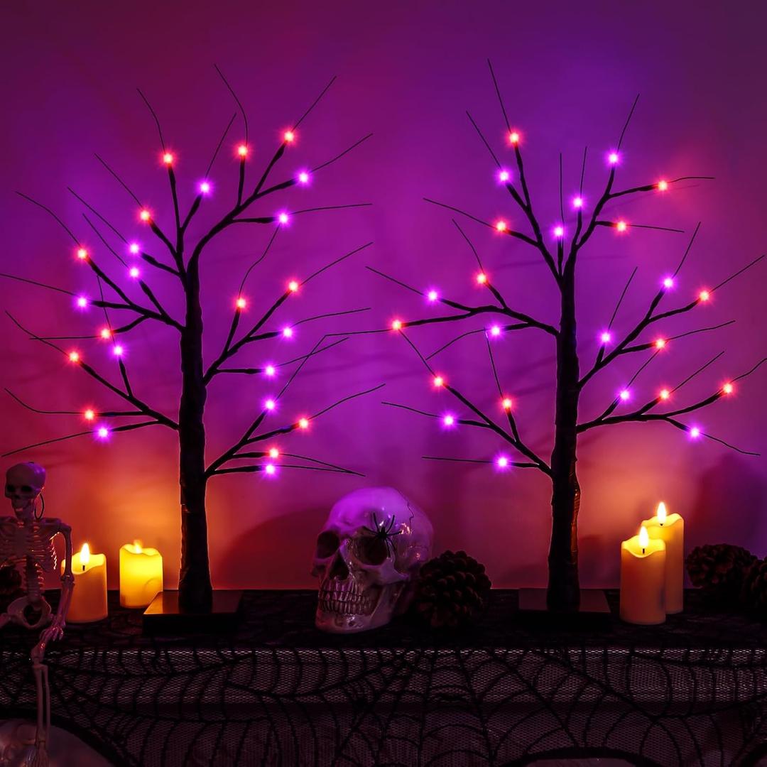 Halloween Decorations Indoor - 2 Pack 24 Inch Halloween Spooky Tree with Lights, Light Up Tabletop Black Tree Decor for Home Party