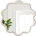 Wall Mirror, Farmhouse Round Mirror with Beads Wavy Frame Hanging Circle Boho Wall Decor for Living Room Entryway Bathroom Over Sink Hallway, 15x15 Inch