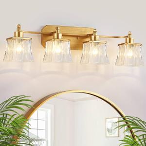Gold Bathroom Vanity Light Fixture, 4-Light Vanity Lights for Bathroom , Matte Antique Brass Finish, With a Square Crystal Glass Shade, Vintage Bathroom Lighting Fixture over Mirror (Gold, 4 Light)