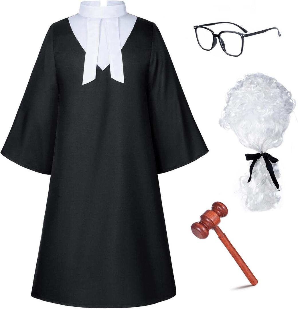Irtysh Halloween Robe Judge Lawyer Adult Party Graduation Gown Costume Cosplay Wooden Gavel Wig Glasses Gloves set (Black, XL)