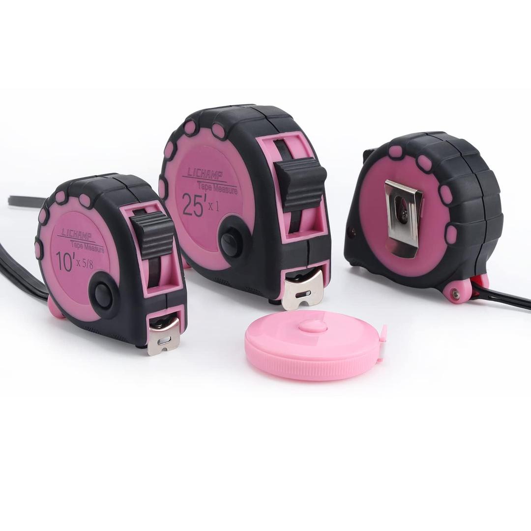 Lichamp Pink Tape Measure 4 Pack, with Soft Tape Measures, 10ft x 5/8in, 16ft x 3/4in, 25ft x 1in, 04MXPK