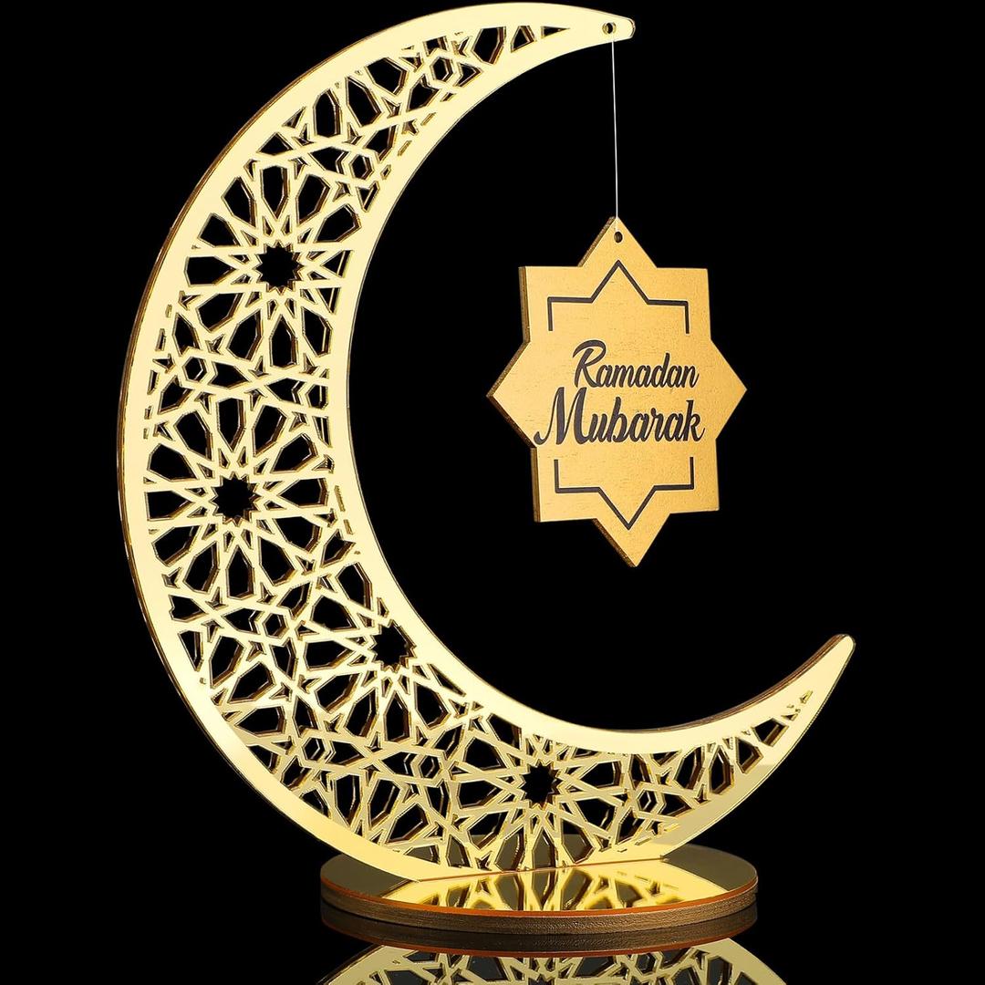 DoubleFill 10 inch Ramadan Decorations Acrylic Islamic Table Centerpiece Ramadan Mubarak Sign EID Decoration Islamic Home Decor Crescent Moon Hollow Star Ornament for Eid Mubarak Tabletop(Gold)
