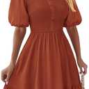BTFBM Spring Empire Waist Dress for Women 2025 Summer Smocked Crewneck Puff Short Sleeve Beach Vacation Mini Dresses (X-Large, Brick Red)