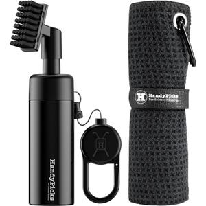 Handy Picks Golf Club Cleaner with Water Bottle Holds 5.5 OZ, Heavy Duty Metal Retractable Magnetic Clip, Waffle Microfiber Golf Towel, Ideal Water Brush Combo (Black)