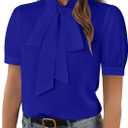 Rooscier Women's Bow Tie Neck Short Sleeve Elegant Office Workwear Blouse Shirt Tops (X-Large, Royal Blue)