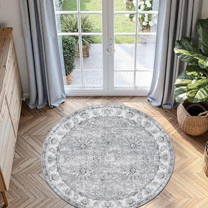 jinchan Fiora Round Rug 5ft Area Rug - Indoor Vintage Hallway Circle 5' Washable - Ultra-Thin Low Pile Soft Small Non Slip Distressed Floral Print for Living Room Dining Room Bedroom Entryway Grey