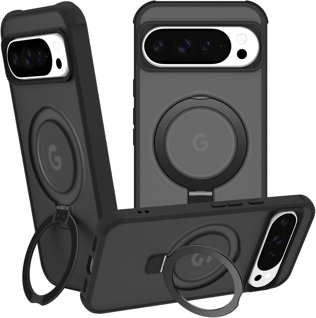 Magnetic Compatible with Google Pixel 10 & Pixel 10 Pro Case with Stand [Military Grade Drop Tested][Compatible with Magnet] Ring Translucent Slim Hard Back Soft Edge, Black