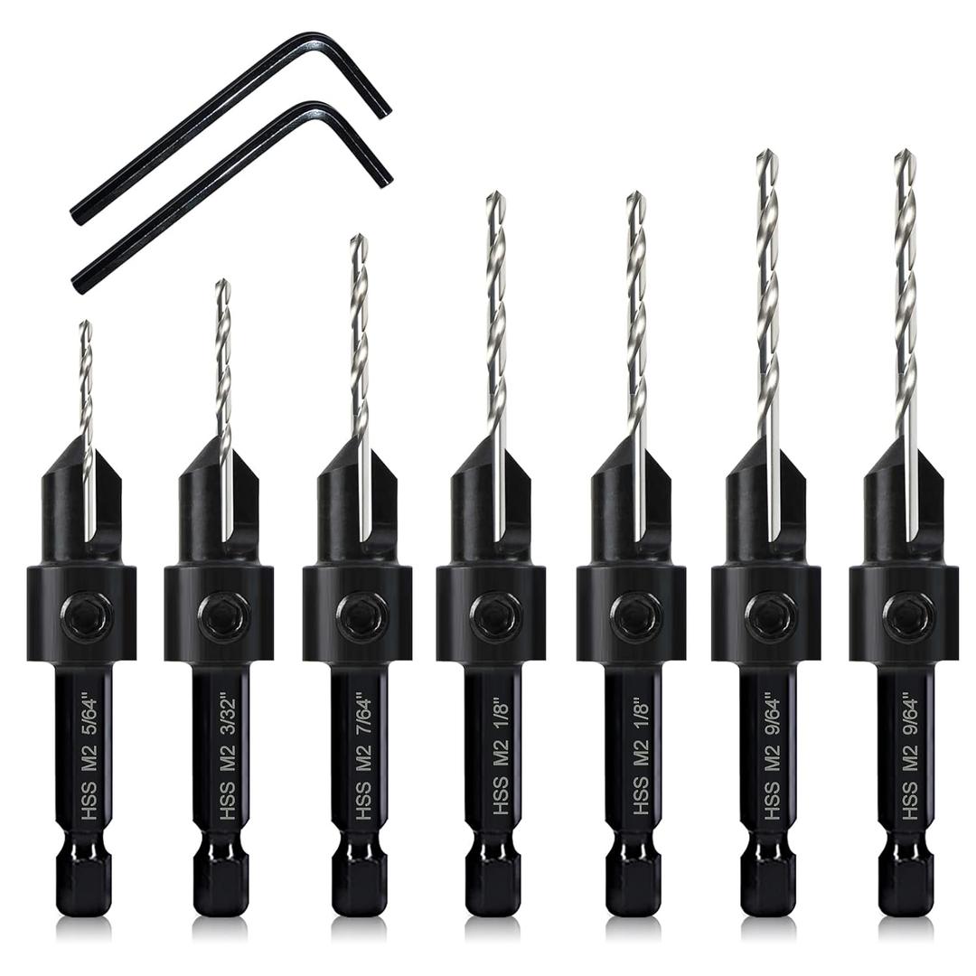 7 Pcs M2 Countersink Drill Bit Set, 3in1 Wood Pilot Countersink Drill Bits for #4#6#8#10#12 Screws Holes, with Adjustable Depth Stop,Quick Release Hex Shank, 2-Allen Wrench (7 Pcs Wood Countersink Bit)