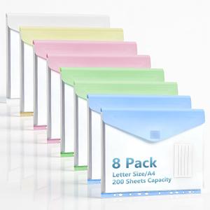 11-Hole Binder Pockets, Letter/A4 Size for 2/3/4 Ring Binder, 8PCS Plastic Expanding File Folders with Label & Hook-Loop Closure, Waterproof, 200-Sheet Capacity, Home School Office Supplies