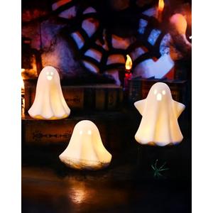 AOMOONOA Ceramic Ghosts Small White Ghost Figurine, 3PCS Light Up Ghost Decor, Small LED Ghost Halloween Decor Spooky Sculptures for Indoor Halloween Party Tabletop Home Shelf Decoration