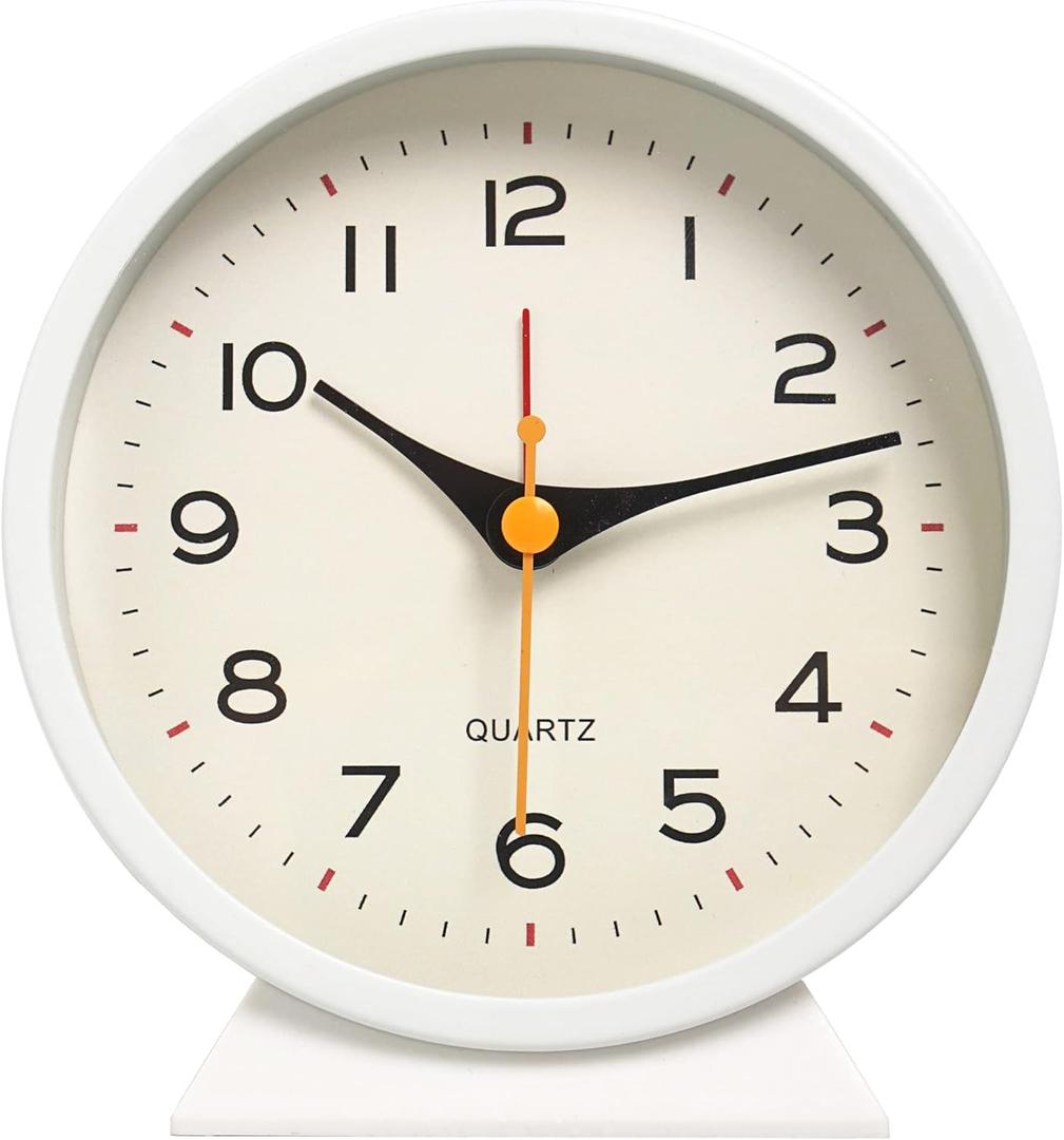 SHISEDECO 4.5" Battery Operated Antique Retro Analog Alarm Clock, Small Silent Bedside Deskclock with Light Function, Non-Ticking Tableclock Decor for Living Room, Bedroom, Bedside, Shelf (White)