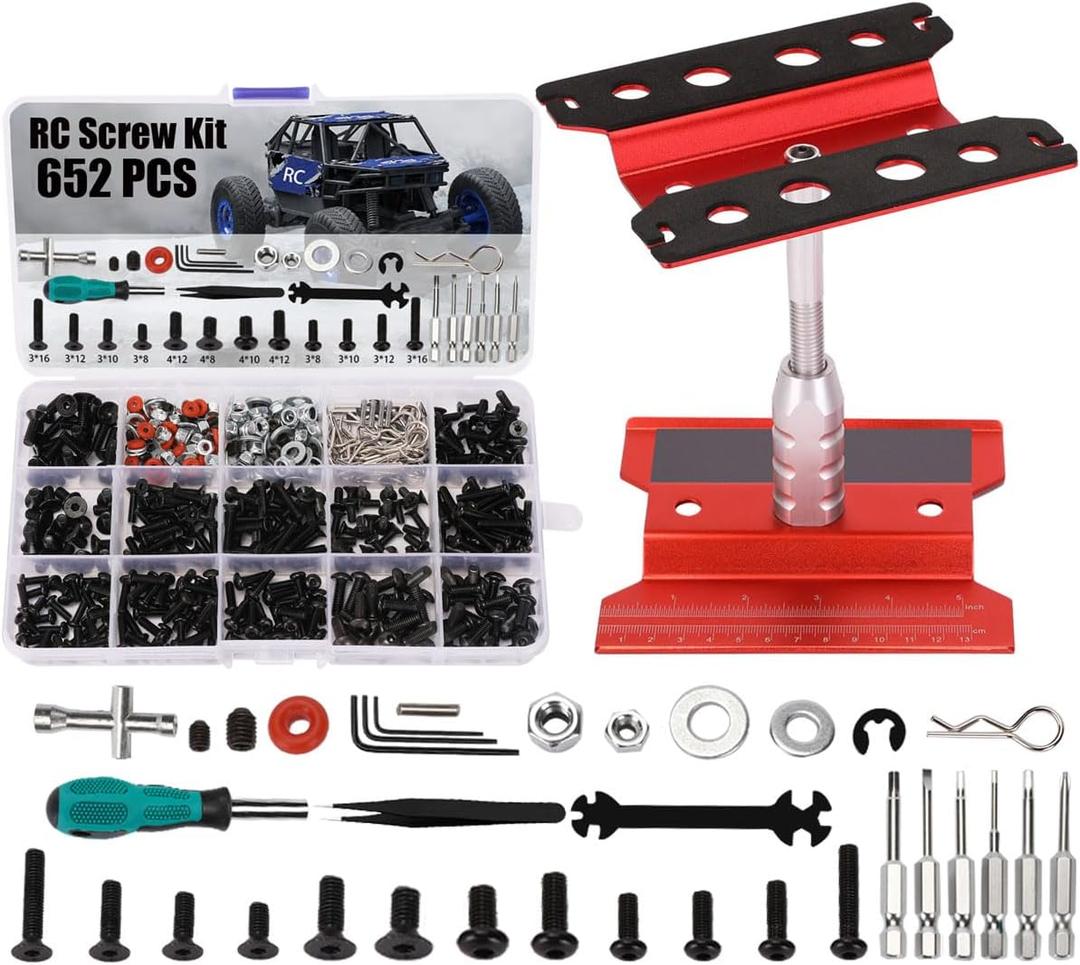 RC Car Stand and 652 PCS RC Screw Kit RC Car Work Stand Repair Workstation RC Hardware Kit Universal RC Car Screw Tools Assortment Kit and Portable RC Repair Stand for 1/8 1/10 1/12 1/16 Scale RC Car