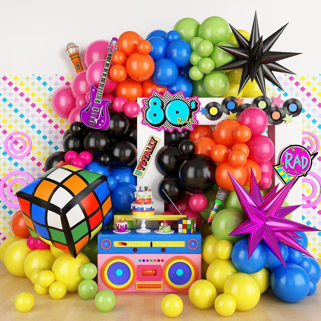 90s 80s Party Balloon Garland Arch Kit, 90s 80s Theme Party Decorations with 4D Dice Hot Pink Black Star Foil Balloons for Retro Theme Hip Hop Fever Nostalgic Birthday Party Decoration