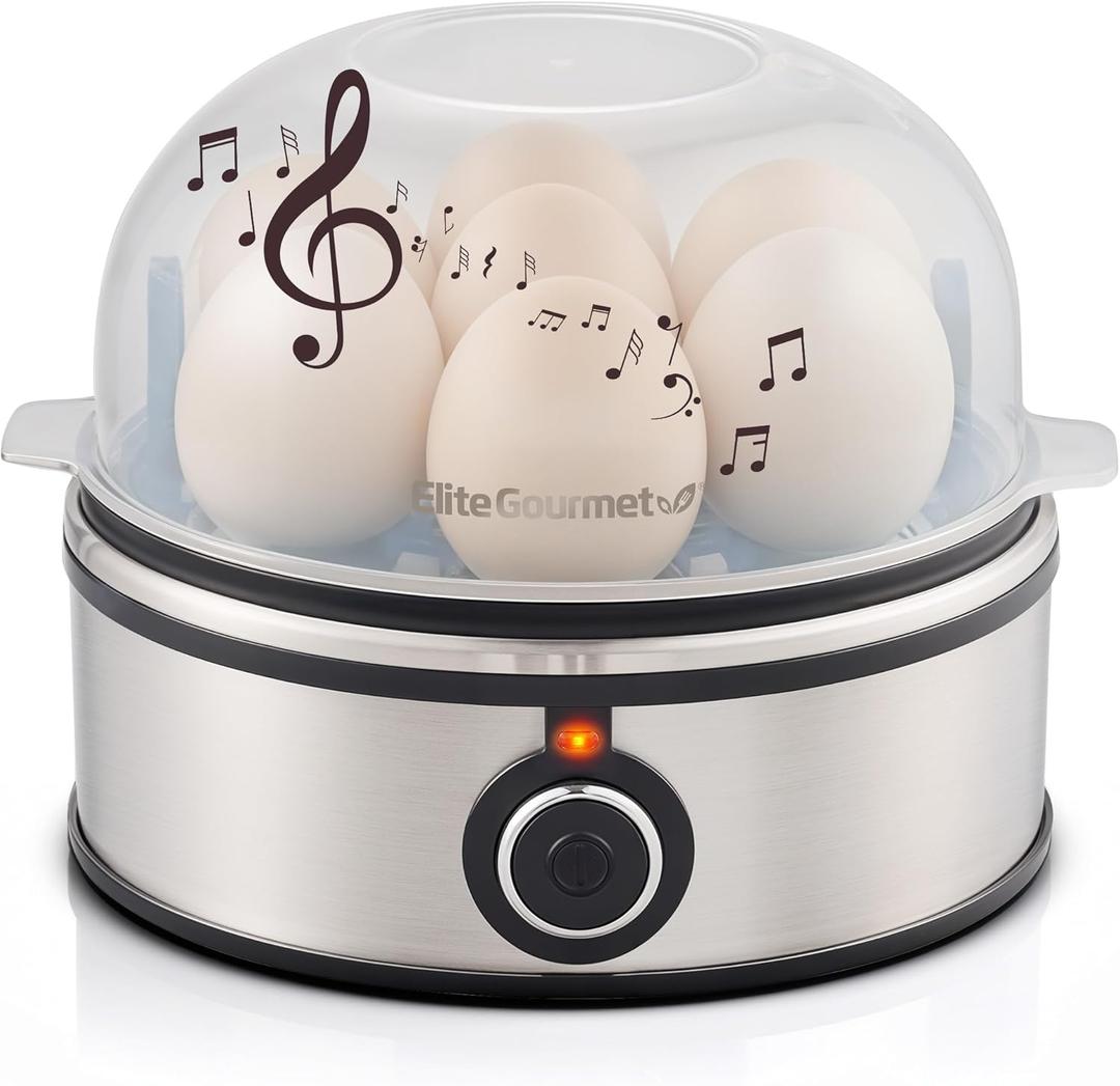 Elite Gourmet EGC855SS Easy Egg Cooker, 7-Egg Capacity, Soft, Medium, Hard-Boiled, Omelets, Poached Eggs, Plays Melody when Done, Auto Shut-Off, Measuring Cup, Stainless Steel