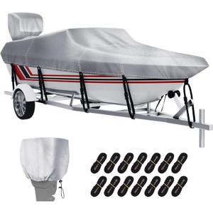 VINPATIO Boat Cover with Motor Cover, 12-14 ft Heavy Duty 100% Waterproof Boat Covers Marine Grade Bass Boat Cover Fits V-Hull Runabout Fishing Ski Pro-Style Bass Boats, Beam Width up to 68"