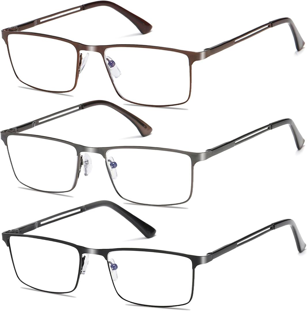 3 Pack Blue Light Blocking Reading Glasses for Men With Spring Hinge Metal Full Frame Lightweight Readers Classic Trend B +1.0