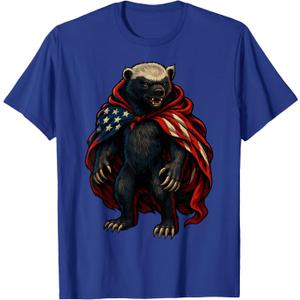 Fun Patriotic Honey Badger American Flag USA Animal Design T-Shirt (Blue, XXXL)
