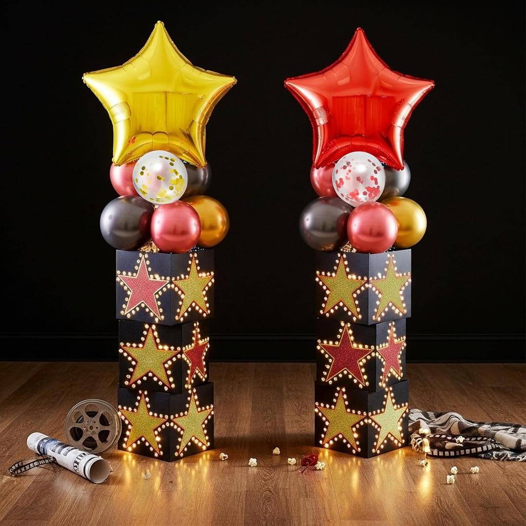 16 Pack 11 Inch Large Movie Night Party Decorations Boxes with LED, Red Black Gold Balloons & Jumbo Star Sequin Balloon for Movie Theater Party Decorations(Black Base: Red+yellow Stars)