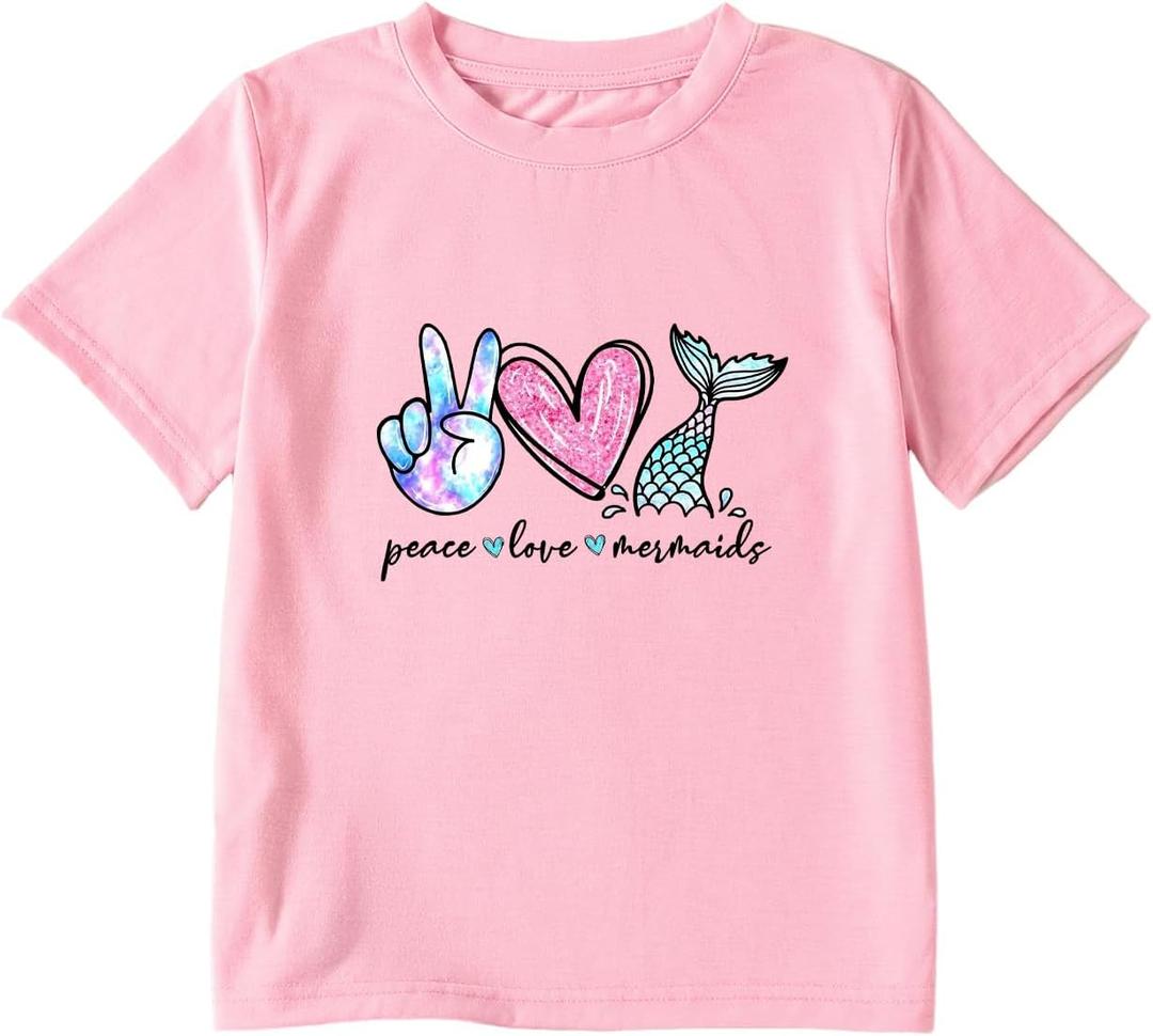 Girl's Peace Love and Mermaids Print T-Shirt Short Sleeve Crew Neck Summer Tee (Pink), Size: 9 Years