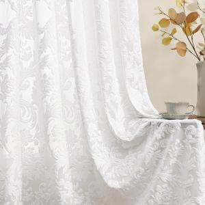 Sheer White Curtains for Bedroom Living Room Boho 63 Inches Rod Pocket Farmhouse Drapes with Floral Patterned Vintage 3D Flocked Texture & Rococo Motifs Window Curtains Set of 2 Panels, 52"W*63"L