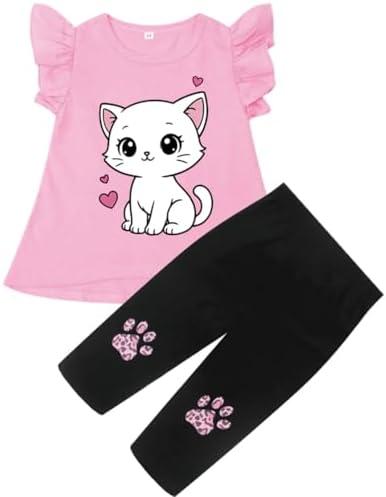 Popshion Little Girls 2 Piece Summer Outfits Flutter Sleeve T-Shirt and Cropped Capri Leggings Kids Clothes Short Sets, Size 5