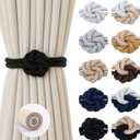 Magnetic Curtain Tiebacks Holdbacks - Wood Tie Backs Rope Holder with Floral Knot Design for No Drill Easy Install, Modern Boho Home Decor (2Pack, Black)