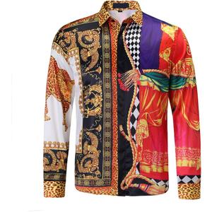 Mens Luxury Print Dress Shirt Long Sleeve Button-Down Shirt | Mens Western Print Silk Paisley Long Sleeve Button Down Dress Shirt Designer Mexico Cowboy Baroque Luxury Party Casual ShirtsX-Large, Black Red