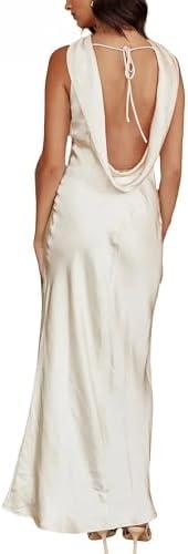 2024 Satin Cutout Halter Neck Midi Dress Silk Sexy Sleeveless Backless Empire Waist Formal Dresses for Wedding Guest XL