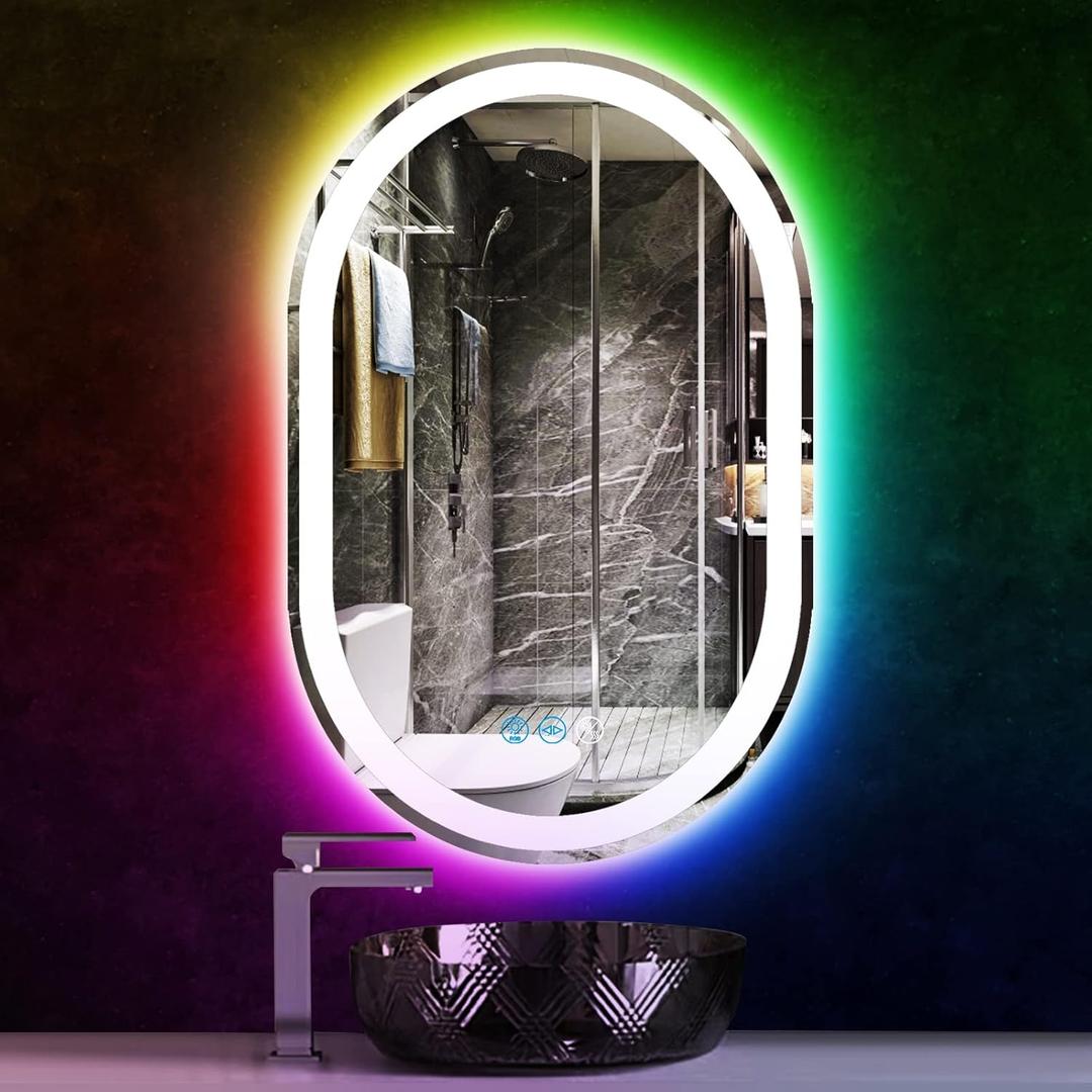 THEKLA Bathroom Oval Lighted Mirror 16 x 24 Inch RGB Backlit LED Mirror with AntiFog and Dimmable 3-Color+Rainbow Light (24 X 16 Inch)